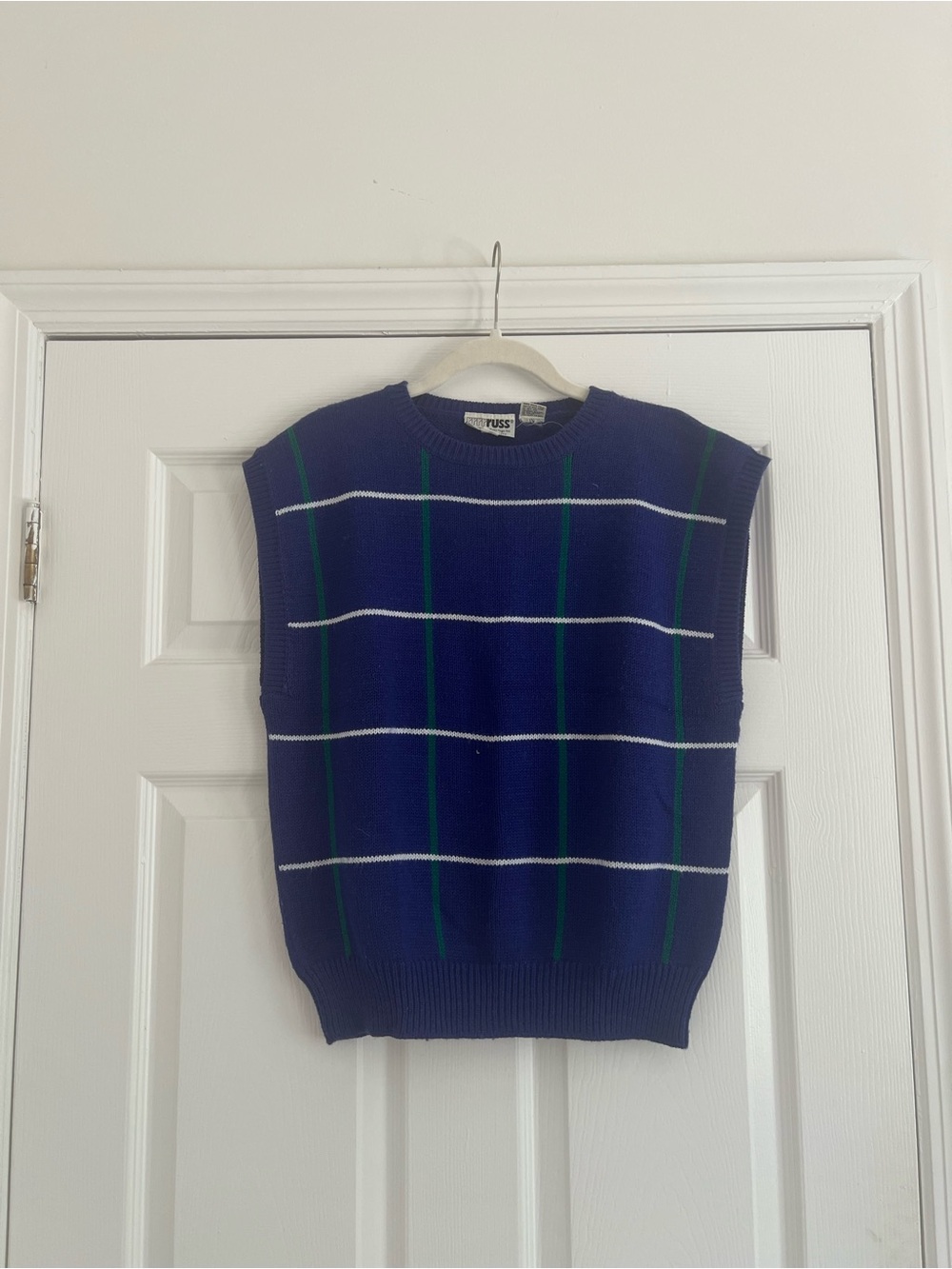 Vintage Russell Athletic Blue and Green Windowpane Knit Crewneck Sweater Vest